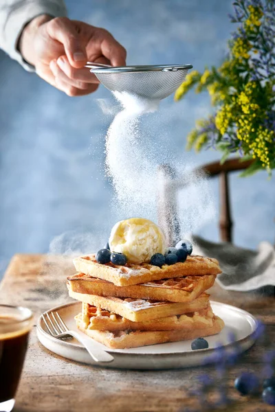 Waffles Topped Blueberries Ice Cream Honey Standing Rustic Brown Table — Stock Photo, Image