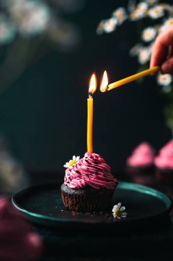 Yenebilir çiçeklerle süslenmiş pembe şekerli çikolatalı kek. Kekin üstüne başka bir mum tutuşturarak bir mum yaktım. Arka planda daha fazla kek ve çiçek var..