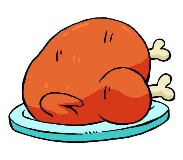 Plated Roasted Turkey Cartoon Doodle Lineart Isolated White Background — Stock Photo, Image