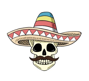 Vector Illustration Of A Head Skull With A Mexican Sombrero Hat 