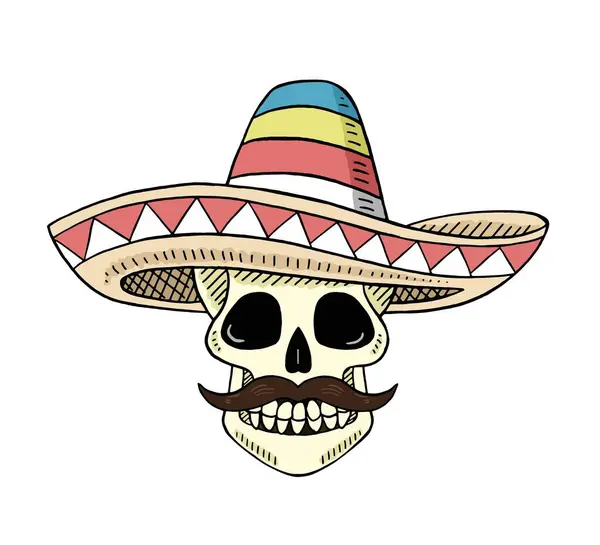 Vector Illustration Head Skull Mexican Sombrero Hat — стоковый вектор