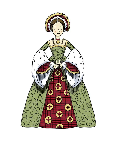 Hand Drawn Lady Tudor Fashion Medieval Woman Historical Costume Vector — стоковый вектор