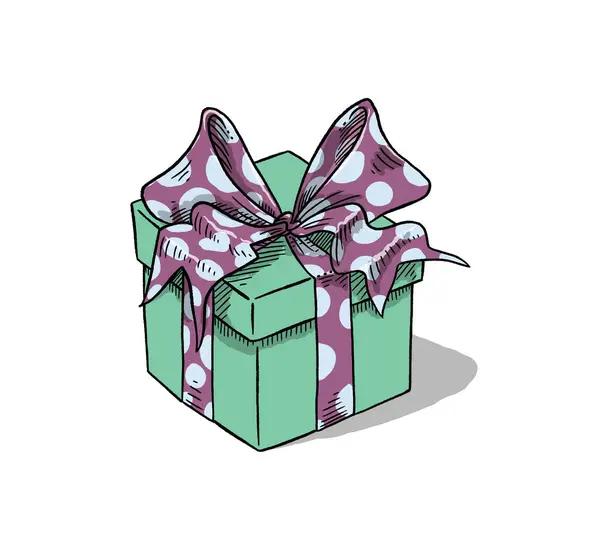 Gift Box Present Ribbons Cartoon Doodle Vector Illustration — стоковый вектор