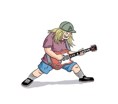 Rock musician playing on electrical guitar cartoon character vector Illustration, guitarist, heavy metal, band person, individuality