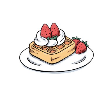 Strawberry Waffle With Cream Cartoon Vector Illustration In A White Background