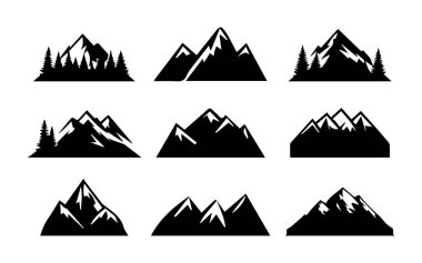 Dağlar dizisi, bir grup siyah ağaç siluetinin vektör çizimi