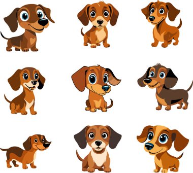 Bir dizi şirin çizgi film köpeği.