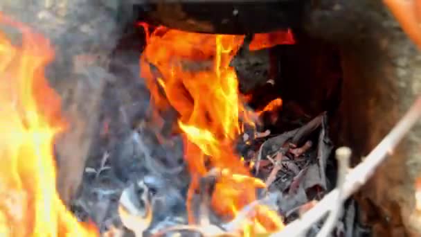 Nahaufnahme Von Brennend Heißem Lagerfeuer Funken Feuerpartikel Über Schwarzem Hintergrund — Stockvideo