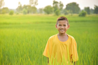 Asyalı genç çocuk gülümsüyor sevimli ve büyüleyici bir mutluluk ve eğlence hissi var, Asyalı genç çocuk pirinç tarlalarının arka planında sarı gömlek ve açık gökyüzü sabah yumuşak gündoğumuyla taze bir his.