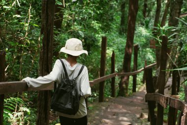 Ağaçlar ve yeşil ormanlarla çevrili bir dağdan aşağı inen tahta merdivenlerde yürüyen bir adamın arkası..
