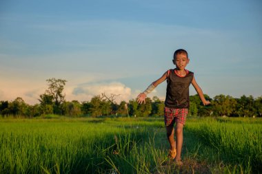 Kafasında ve kollarında yara ve bandajlar olan küçük çocuk akşamları pirinç tarlasında mutlu bir şekilde koşuyor. Arka planda günbatımı bir orman ve sıcak bir gökyüzü.. 