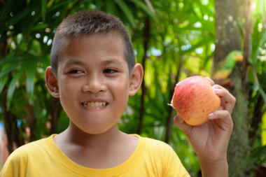 Gülümseyen ve çekici Asyalı genç bir elma çiğniyor ve açık havada meyve ve sağlıklı yiyecek kavramı için yeşil bulanık bir orman arka planında kırmızı bir elma tutuyor..