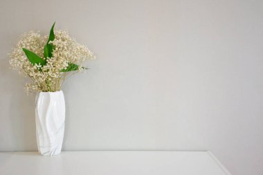 Stüdyo çekiminde güzel beyaz kuru çiçekler ve cam vazoda yeşil yaprak gri duvar arka planında bir masanın üzerinde metin için bir sürü kopya alanı var. Kadınsı çiçek kompozisyonu. Kapat, arkaplan.