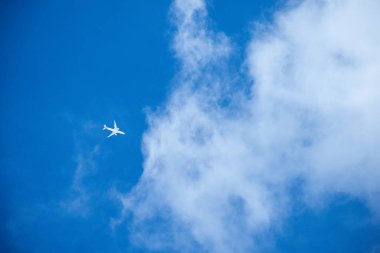 Mavi gökyüzünde uçan uçaklar parlak ve büyük bulutlar güzel bulutlar bulutlar ve gri yağmur bulutları üzerinde uçaklar ve turizm ve seyahat 2025 konsepti için açık mavi gökyüzü arka planı, metin eklemek için fotokopi alanı olan doğa sanatı.