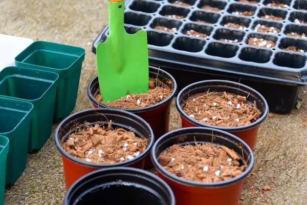 stock image Green shovel and soil fertilizer in a pot for planting is preparing fertilizer for agricultural planting. Agricultural equipment for cultivation and nursery, peat moss, coco husk chips.