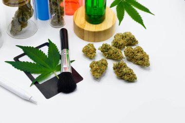 Yeşil yapraklı esrar tomurcukları ve beyaz izole edilmiş arka planda yeşil damlalar, laboratuvarda bilimsel deney ekipmanları, marihuana yağı özü ve araştırma konsepti, THC, CBD.