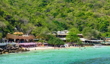 Pattaya, Tayland - 7 Mart 2024: Tropikal plaj ve Koh Larn Adası 'ndaki tatil beldeleri popüler bir turizm merkezidir. Turistler mavi denizde yüzüyor. Tatil, Yaz Konaklama, Tatil, Doğa.