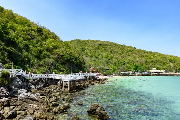 Pattaya, Tayland - 7 Mart 2024: Tropikal plaj ve Koh Larn Adası 'ndaki tatil beldeleri popüler bir turizm merkezidir. Turistler mavi denizde yüzüyor. Tatil, Yaz Konaklama, Tatil, Doğa.
