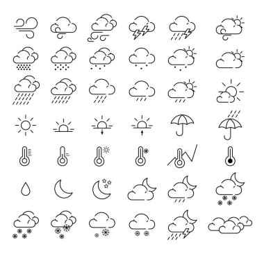 Meteoroloji simgeleri aynı hizada. Hava çizgisi simgesi izole edildi. Bulutlar logo ve imza, vektör çizimi. Hava tahminleri - ana hatlı ağ simgesi seti, Basit İnce çizgi simgeleri koleksiyonu.