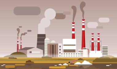 Fabrikalar, kirli hava ve sis. Nehir kıyısındaki çöplük, fabrika borularının etrafa duman, kirlilik ve hava yaydığı ekoloji kirliliği kavramı. Sıvı atıklar suya dökülüyor, ekolojik sorun