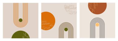 Yüzyılın ortalarında, geometrik denge şekilleriyle birlikte soyut, çağdaş arka plan tasarımı. İzler, kapaklar, duvar kağıtları, duvar resimleri için soyut sanat tasarımı. Vektör illüstrasyonu.