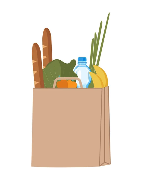 Meyve ve sebze dolu bir eko kağıt torba (limon, muz, havuç, domates). Yerel marketten taze organik gıdalarla dolu modern alışveriş torbası beyaz arka planda izole edilmiş..