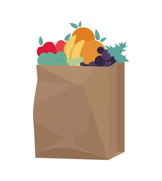 Meyve, sebze, muz, elma, üzüm, brokoli ve portakalla dolu bir poşet. Yerel marketten taze organik gıdalarla dolu modern alışveriş torbası beyaz arka planda izole edilmiş..