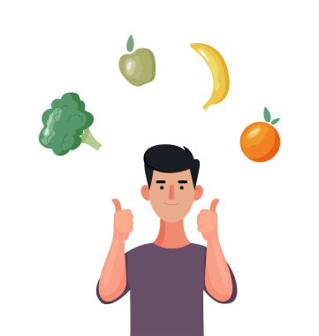 Sağlıklı yiyecekler, diyet konsepti, çiğ gıda diyeti, vejetaryen. Elma, brokoli, portakal, muz kişi üzerinde daireler çiziyor. Elinde meyve ve sebzelerle gülümseyen bir adam. Vektör illüstrasyonu