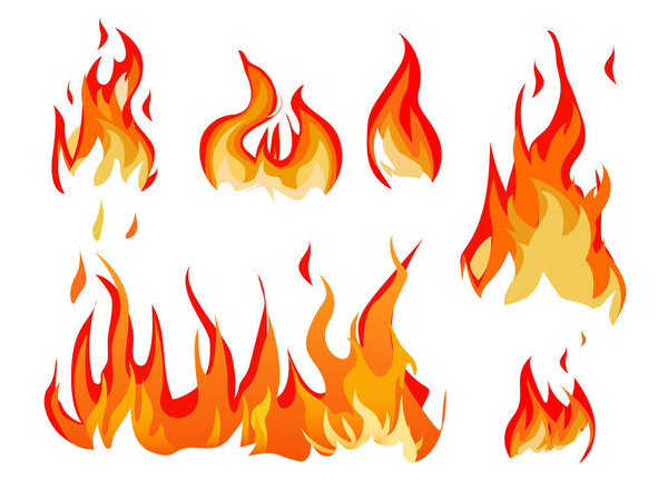 Flame flat vector illustration set. Fire, burning, blazing, texture. Danger, decoration, ignition concept