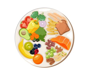 Bir tabak sağlıklı yemek. Sağlıklı plaka. Vektör çizimi. Sebzeler, tam tahıllar, meyve ve proteinle gerekli besin elementleri ve bileşenleri olarak etiketlenmiş eğitici gıda örneği şeması. Diyet ürün koleksiyonu