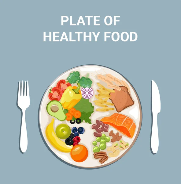 Bir tabak sağlıklı yemek. Sağlıklı plaka. Vektör çizimi. Gerekli besin elementleri ve malzemeler olarak sebzeler, tam tahıllar, meyve ve proteinle etiketlenmiş eğitici gıda şeması.