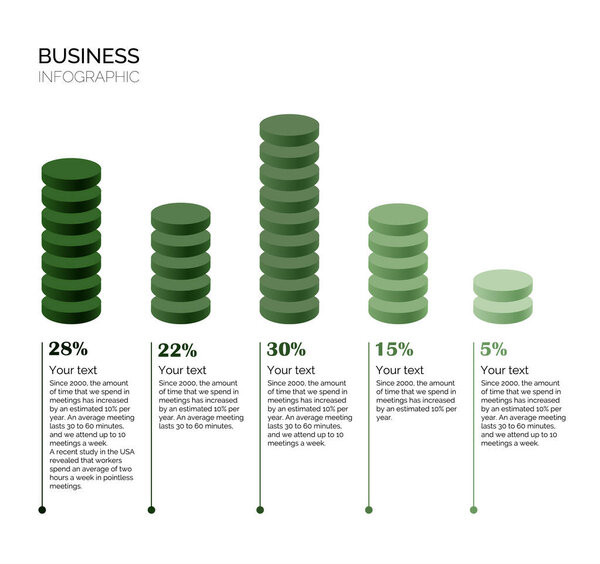Infographic template for business. 5 Steps Modern Timeline diagram with progress arrows, presentation vector infographic. Infographic with cylinders. Percentage ratio. Percentages. Green and grey