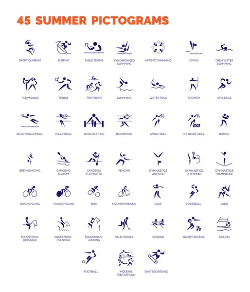 夏季体育偶像 带有运动学科名称的白色背景矢量孤立象形文字 — 图库矢量图片