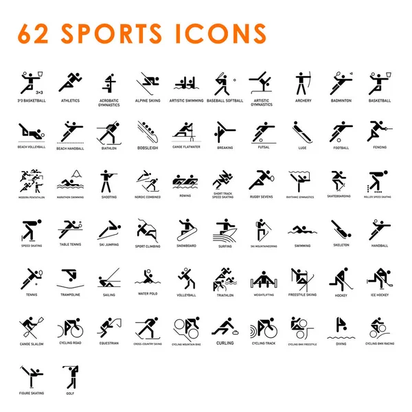 Spor ikonları. Beyaz arkaplanda, spor disiplinlerinin isimleriyle izole edilmiş resimler var..