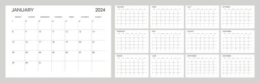 2024 için klasik aylık takvim. Minimalist kare şeklinde bir takvim. Hafta pazartesi başlıyor. İngilizce metin