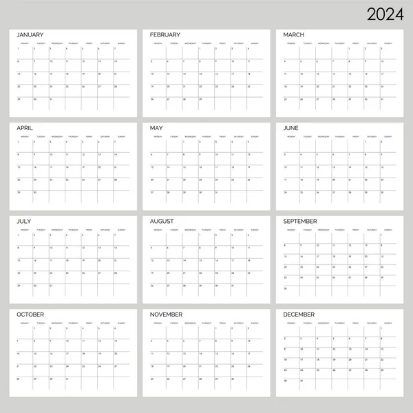 Klassisk Månedlig Kalender 2024 Kalender Stil Med Minimalistisk Kvadratisk Form – stockvektor