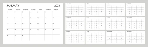 2024 için klasik aylık takvim. Minimalist kare şeklinde bir takvim. Hafta pazartesi başlıyor. İngilizce metin