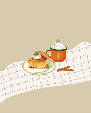 Sonbahar desenli balkabağı turtası, kremalı kahve ve beyaz havluyla tarçın. Vektör illüstrasyonu.