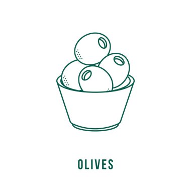 Tasarım kafesi, etiket ve ambalaj için vektör el çizimi zeytin ikonu rozeti. Aperatif