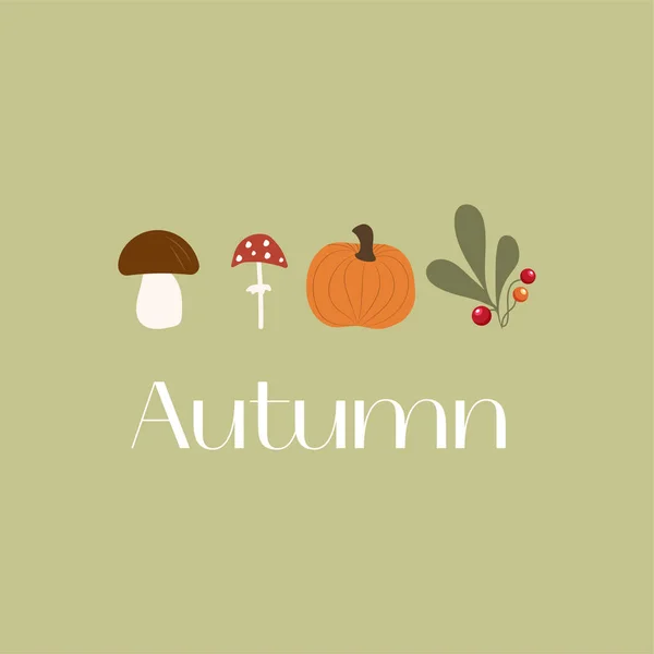 Sonbahar ruh hali tebrik kartı şablonu. Minimalist kartpostal, baner doğa yaprakları, ağaçlar, balkabakları, soyut şekiller. Beyaz arkaplanda düz çizgi film tarzında vektör illüstrasyonu