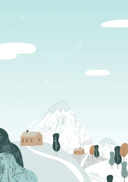Kış kar manzarası ve vektör arka planda evler. Soğuk hava ve kasaba veya köy ormanlarındaki köy evleri, karlı tepeler ve tarlalar. Vektör 