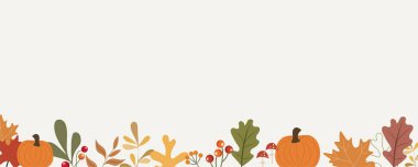 Yatay pankartı indir. Elle çizilmiş pürüzsüz desenli şirin renkli yapraklar. Sonbahar yaprağı sınırı. Vektör illüstrasyonu