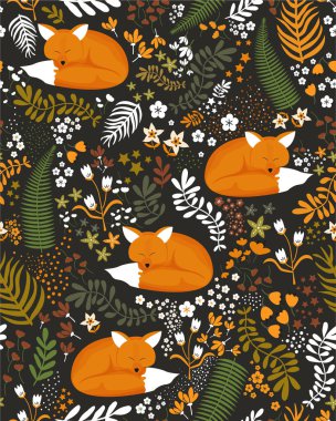 Orman Yaban Hayatı. Tilki ve orman bitkileriyle kusursuz desenler. Ormandaki Vahşi Hayvanlar. Duvar kâğıdı, kumaş, bebek kıyafetleri, battaniye, arkaplan tasarımı.