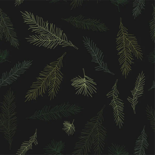 Köknar dallarıyla kusursuz desen. Vektör çizimi. Siyah arkaplan