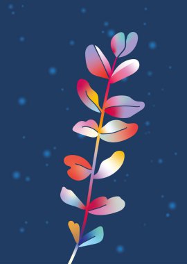 Renkli ve parlak yaz silueti soyut yapraklar ve çiçekler. Modern tarzda yıldız vektörü olan mavi arkaplan. Gradyan yaprak. Eski model. Retr