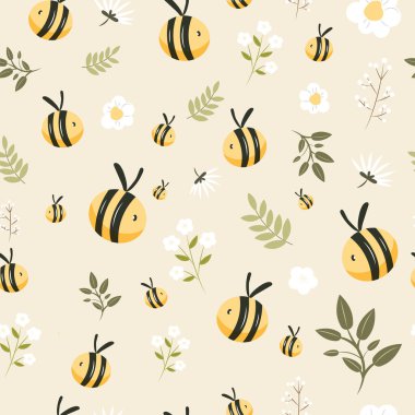Beyaz çiçekli kusursuz desen ve arka planda arı çizgi filmi. Arı çizgi filmleri ve beyaz çiçek vektör çizimleri. Çocuk resimleri