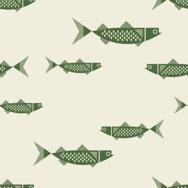 Süslü yeşil balığın kusursuz deseni. Vektör balık ikonları. Yaz, sahil, okyanus, deniz
