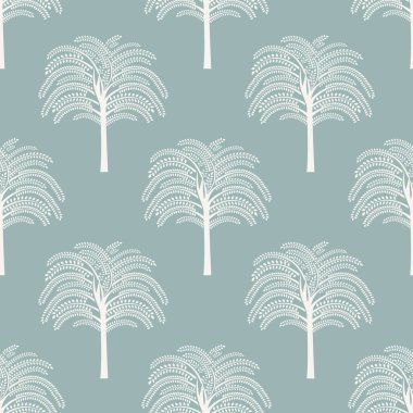 El çizimi palmiye ağacının pürüzsüz izi. Hawaii baskı koleksiyonu, klasik sanat tarzında yaz tatili geçmişi. Tropik bitki duvar kağıdı dokusu. Mavi vektör palmiyesi