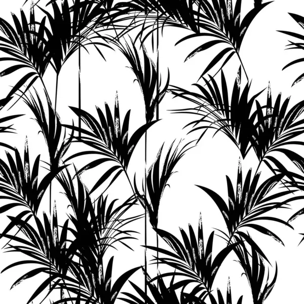 Palmiye yaprakları. Tropik, pürüzsüz arka plan deseni. Kumaşlar, ambalajlar, kapaklar için uygun muhteşem palmiye ağaçları olan grafiksel tasarım. Vektör posterleri. Siyah