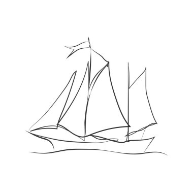 El çizimi tekne, vektör çizimi. Robot resim gemisi. Satır biçiminde çizilmiş dalgalar üzerinde yüzen yatın basit vektör görüntüsü. Seyahat